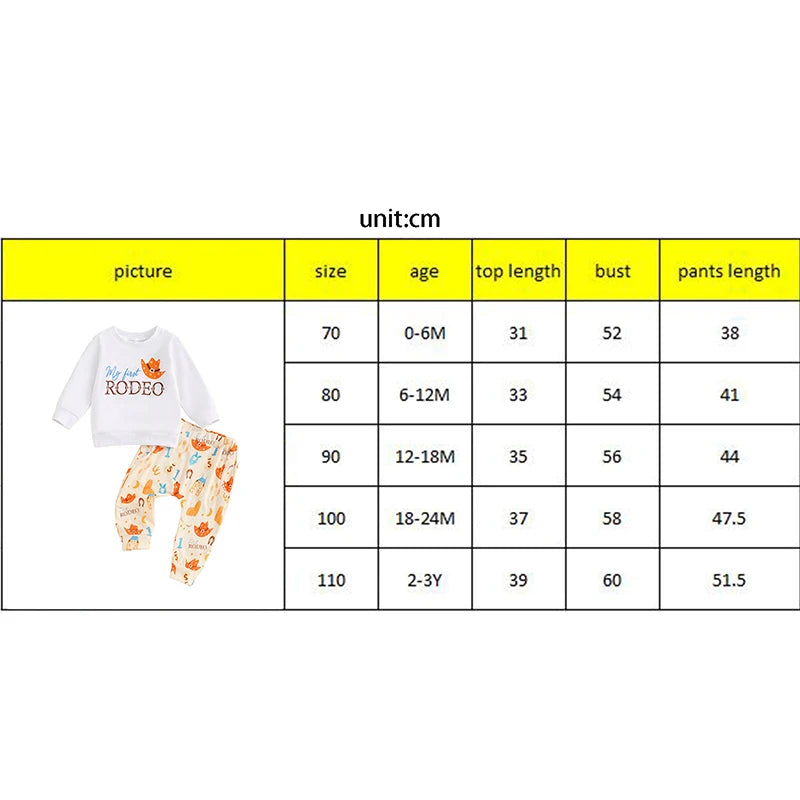 Baby Toddler Boys Girls 2Pcs My First Rodeo Set Cowboy Letter Print Long Sleeve Round Neck Top Pockets Long Pants Outfit