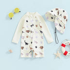 Baby Toddler Boy 2Pcs Swimwear Set Dinosaurs / Turtle / Whale Print Long Sleeve Swimsuit Sun Hat Bathing Suit Outfit Set
