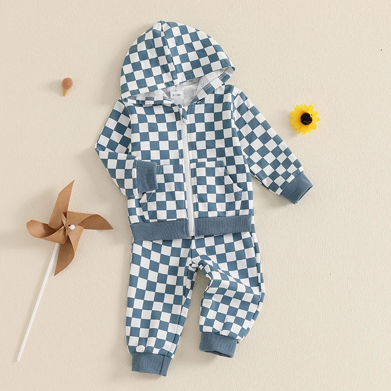 Baby Toddler Boy 2Pcs Checkered Outfit Long Sleeve Zip Up Hoodie Elastic Waist Pants with Pockets Jogger Set