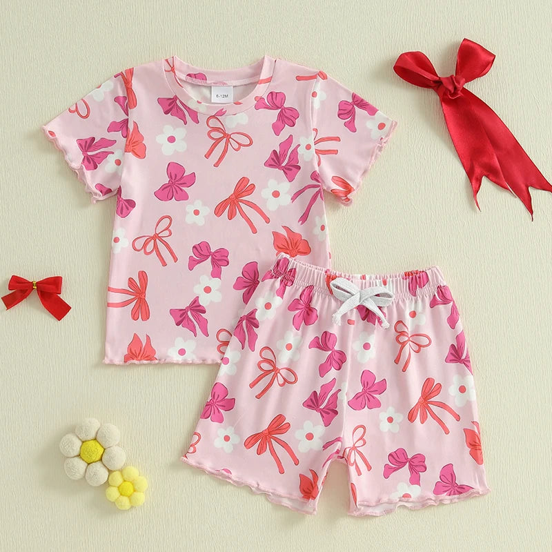 Baby Toddler Girls 2Pcs Summer Spring Outfit Short Sleeve Bow Strawberry Flower Floral Print Top + Shorts Set Clothes