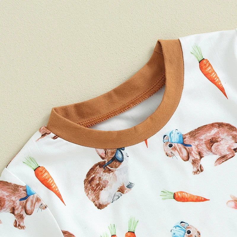 Baby Toddler Boy Girl 2Pcs Easter Outfit Carrot Rabbit Easter Bunny Print Short Sleeve T-Shirts Elastic Waist Long Pants Clothes Set