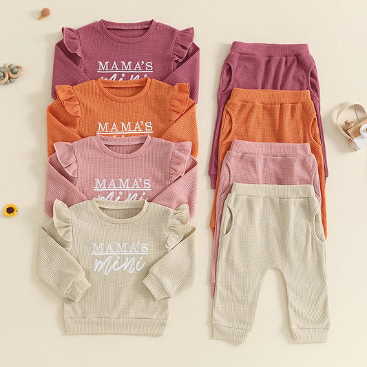 Baby Toddler Girls 2Pcs Set Mama's Mini Letter Embroidered Long Sleeve Ruffled Top Elastic Waist Pockets Long Pants Outfit