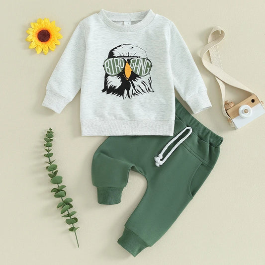 Toddler Baby Boy 2Pcs Football Bird Gang Outfits Birds Eagles Sunglasses Long Sleeve Top Jogger Pants Set