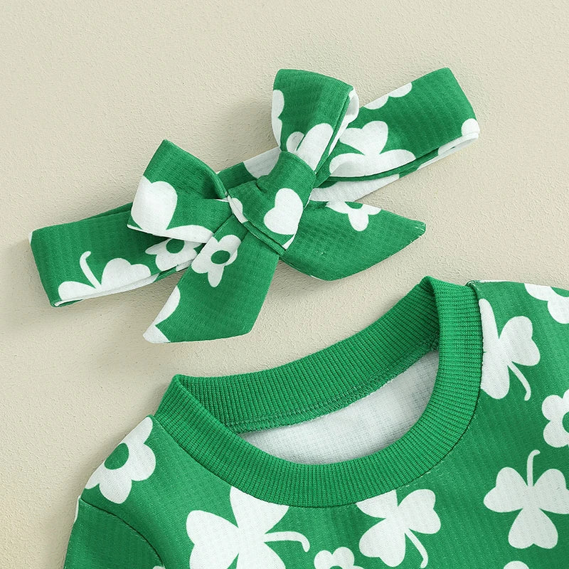 Toddler Baby Girl Boy 3Pcs St. Patrick's Day Outfit Long Sleeve Flower Shamrock Print Crewneck Top Pants with Bow Headband Set