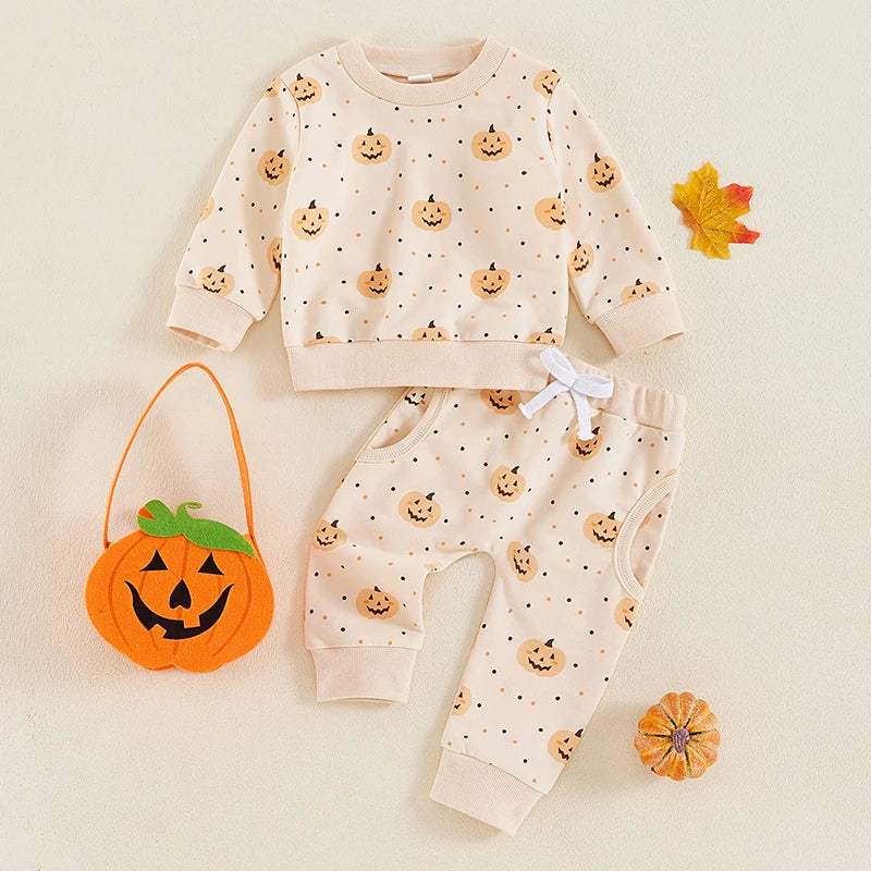 Baby Toddler Girls Boys 2Pcs Halloween Long Sleeve O Neck Pumpkin Print Top Pants Outfit Set