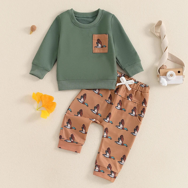 Baby Toddler Boys 2Pcs Outfit Round Neck Long Sleeve Top with Pocket and Wild Duck Bird Print Long Pants Jogger Set