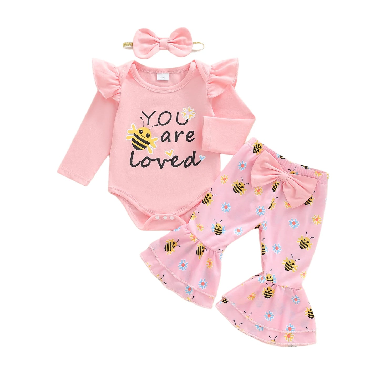 Baby Girls 3Pcs You Are Loved Long Sleeve O Neck Letter Bee Print Romper Flared Pants Headband Set