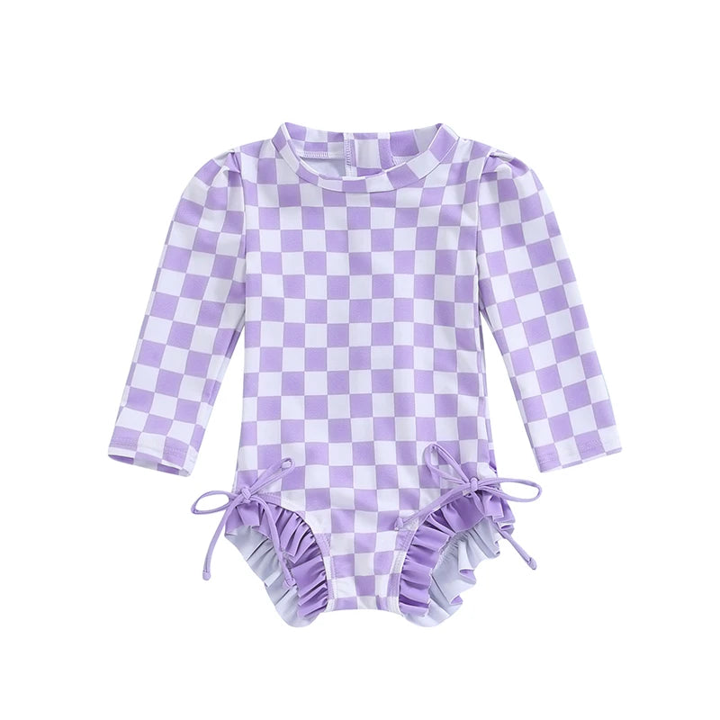 Baby Toddler Girls Beach Swimwear Long Sleeve Checkerboard Print Ruffle Romper Bathing Suit