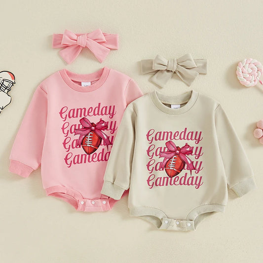 Baby Girls 2Pcs Gameday Football Letter Bow Print Long Sleeve Bubble Romper Headband Outfit Set