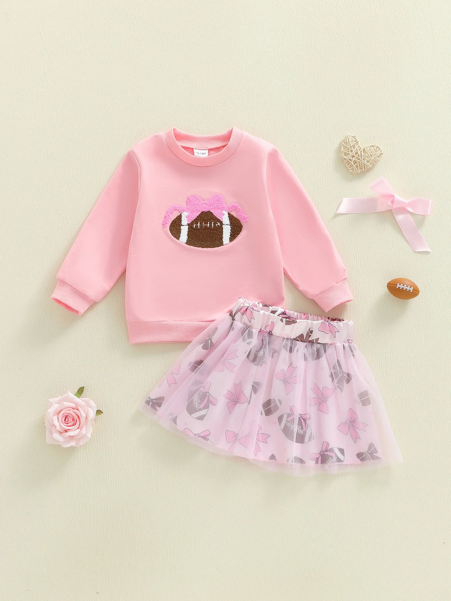 Baby Toddler Girl 2Pcs Fall Outfits Football Embroidery Long Sleeve Round Neck Top and Tutu Skirt 2Piece Set