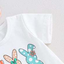 Load image into Gallery viewer, Toddler Baby Girl 3Pcs Easter Outfit Short Sleeve Bunny Squad Rabbit Print T-shirt Top Stripe Flare Pants Bell Bottoms with Bow Headband Set
