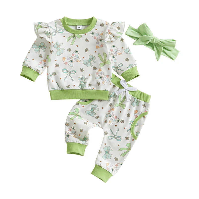 Baby Toddler Girls 3Pcs St. Patrick's Day Outfit Bow Four Leaf Clover Shamrock Print Crew Neck Long Sleeve Top Long Pants Headband Jogger Set