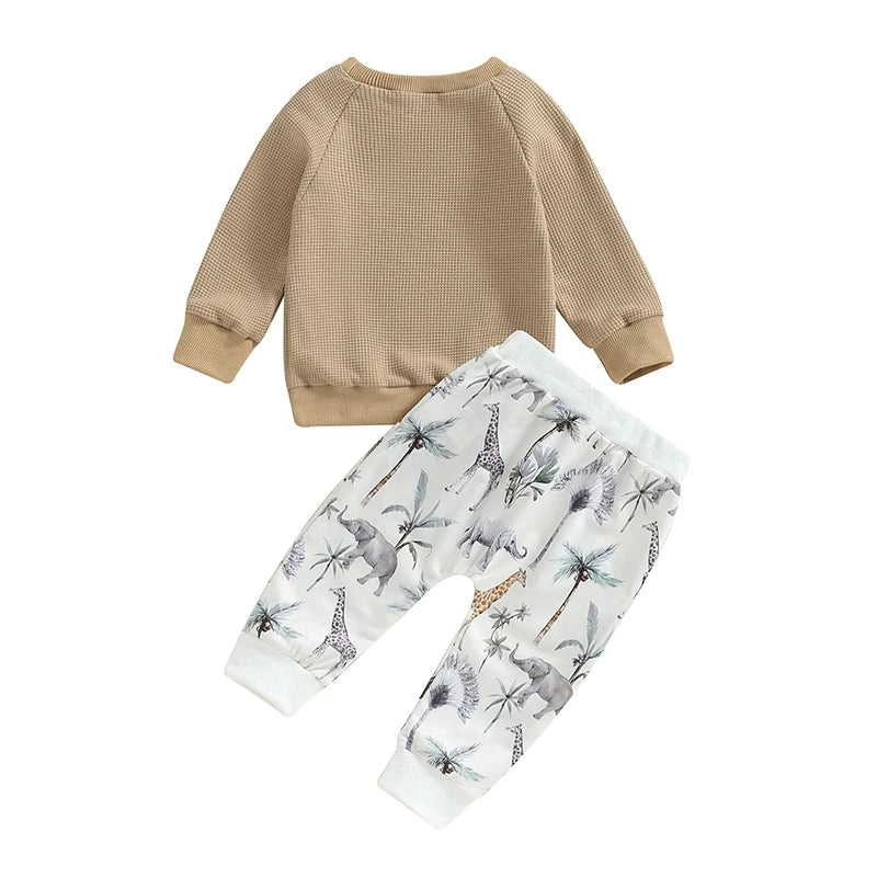 Baby Toddler Boys 2Pcs Fall Outfit Waffle Long Sleeve Round Neck Top and Animal Elephant Dinosaur Pattern Pants Set