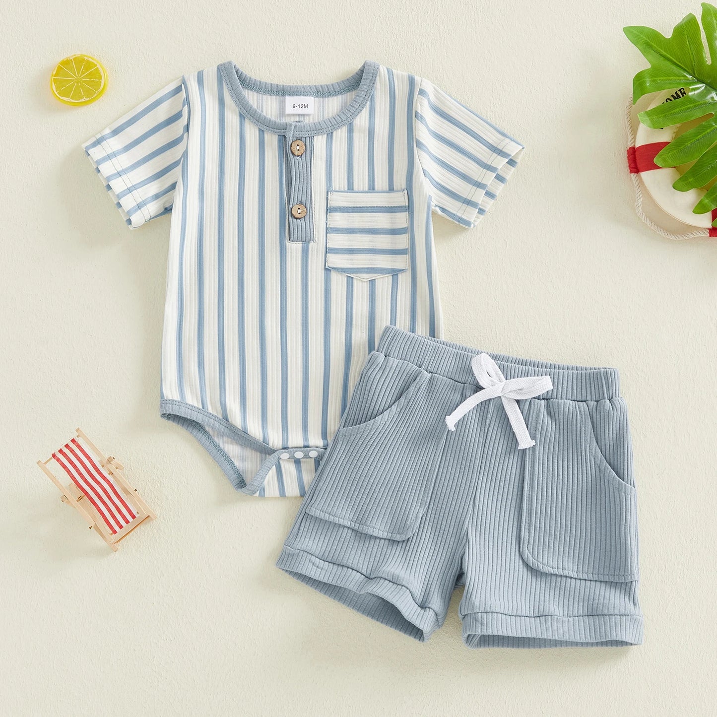 Baby Toddler Boys 2Pcs Summer Outfits Short Sleeve Stripes Print Romper Shorts Set