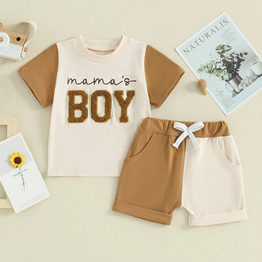 Toddler Baby Boy 2Pcs Mama's Boy Summer Outfits Short Sleeve Embroidery Top + Contrast Color Shorts Clothes Set