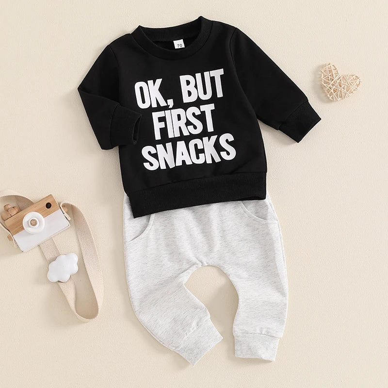 Baby Toddler Boys 2Pcs Ok But First Snacks Set Letter Print Long Sleeve Round Neck Top Drawstring Long Pants Autumn Outfit Set