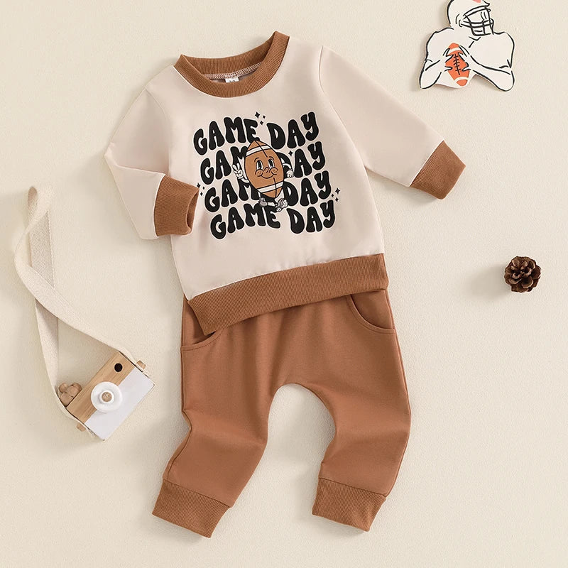 Baby Toddler Boys 2Pcs Game Day Set Long Sleeve Crew Neck Letter Football Print Top with Elastic Waist Pants Outfit