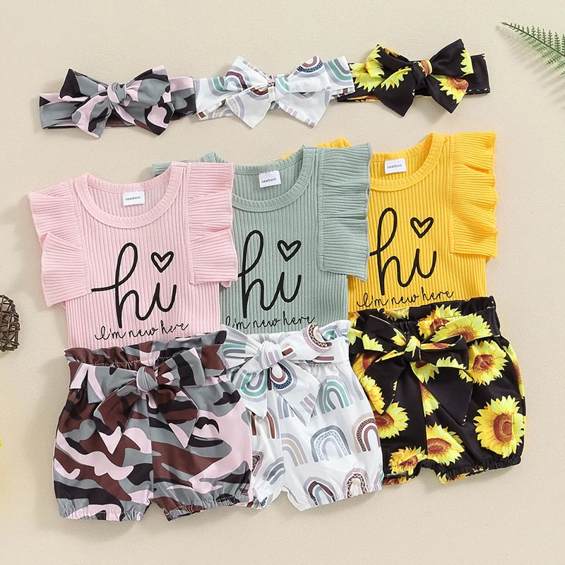 Baby Girls 3Pcs Hi I'm New Here Fly Sleeve Romper with Camouflage Rainbow Sunflower Waist Tie Shorts and Headband Summer Outfit