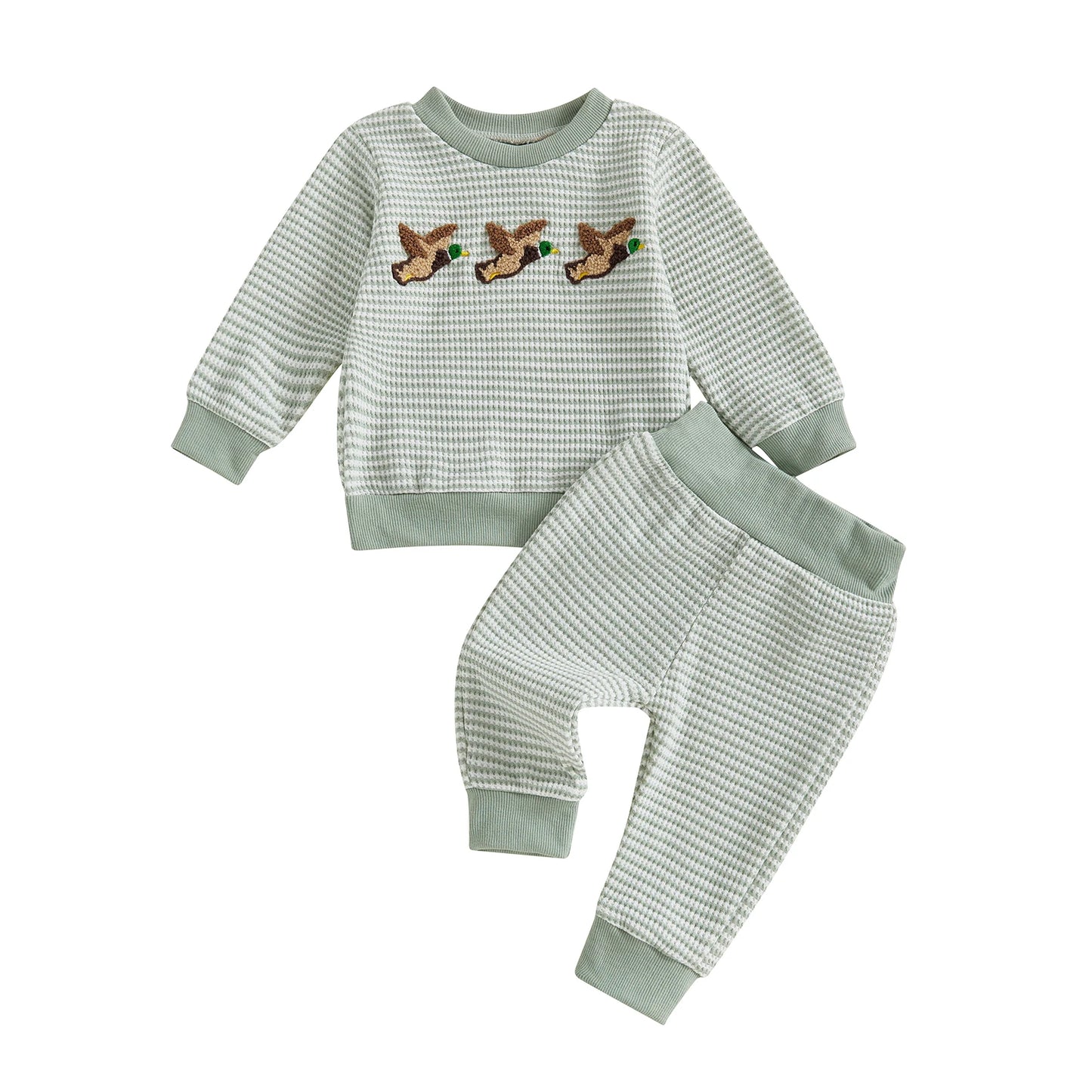 Baby Toddler Boys 2Pcs Fall Sets Long Sleeve Round Neck Duck Embroidery Top Striped Pants Jogger Set