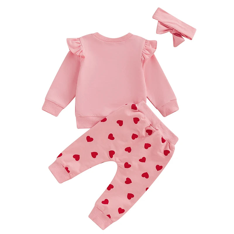 Baby Toddler Girls 3Pcs Little Valentine Valentine's Day Outfit Letter Print Flying Sleeve Top with Heart Pattern Jogger Pants and Headband Set Valentines