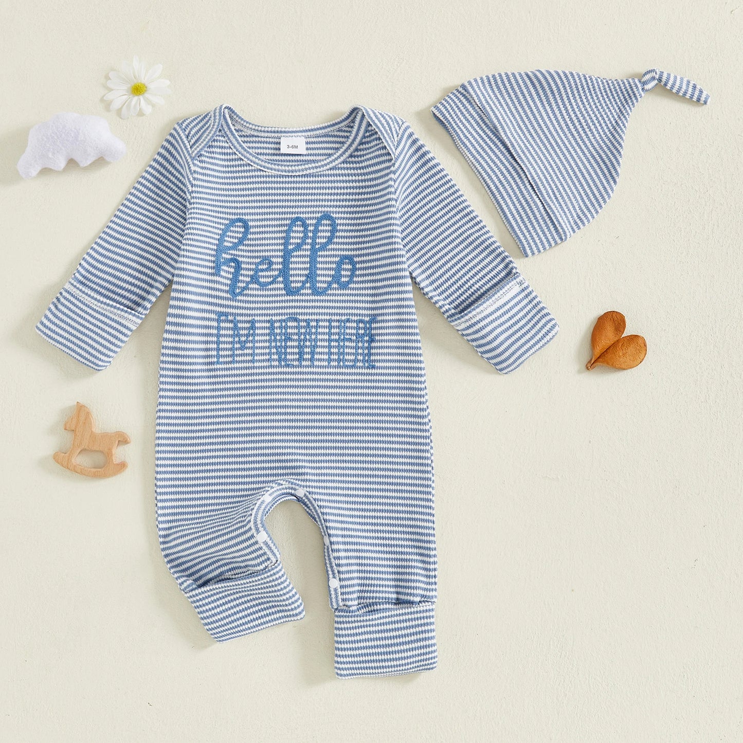 Baby Boy 2Pcs Striped Hello I'm New Here Romper Letters Embroidery Round Neck Long Sleeve Jumpsuit with Hat Set