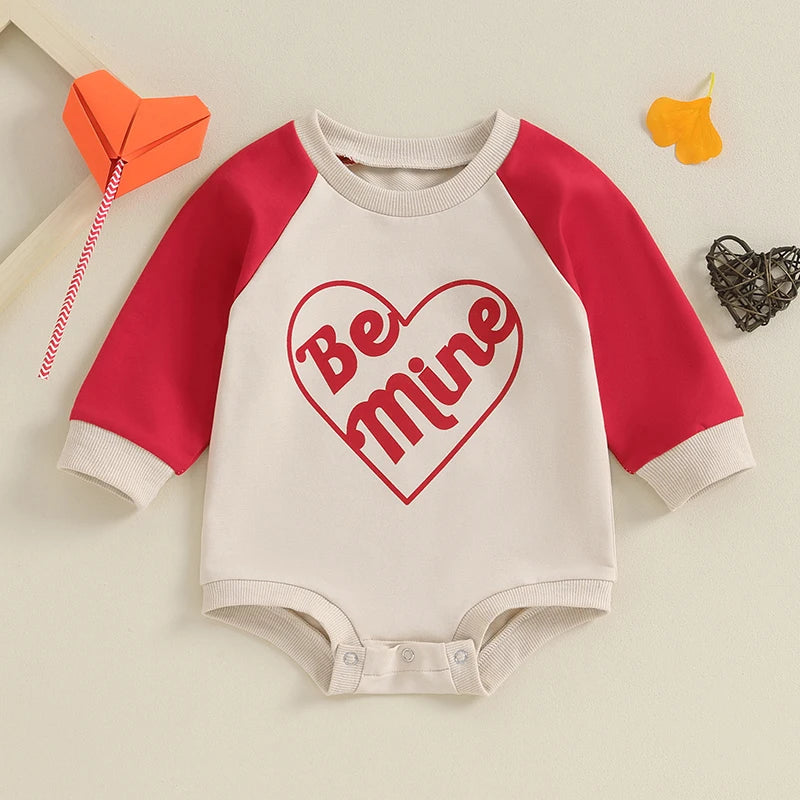 Baby Girls Boys Valentine's Day Jumpsuit Letter Be Mine Heart Print Round Neck Long Sleeve Romper