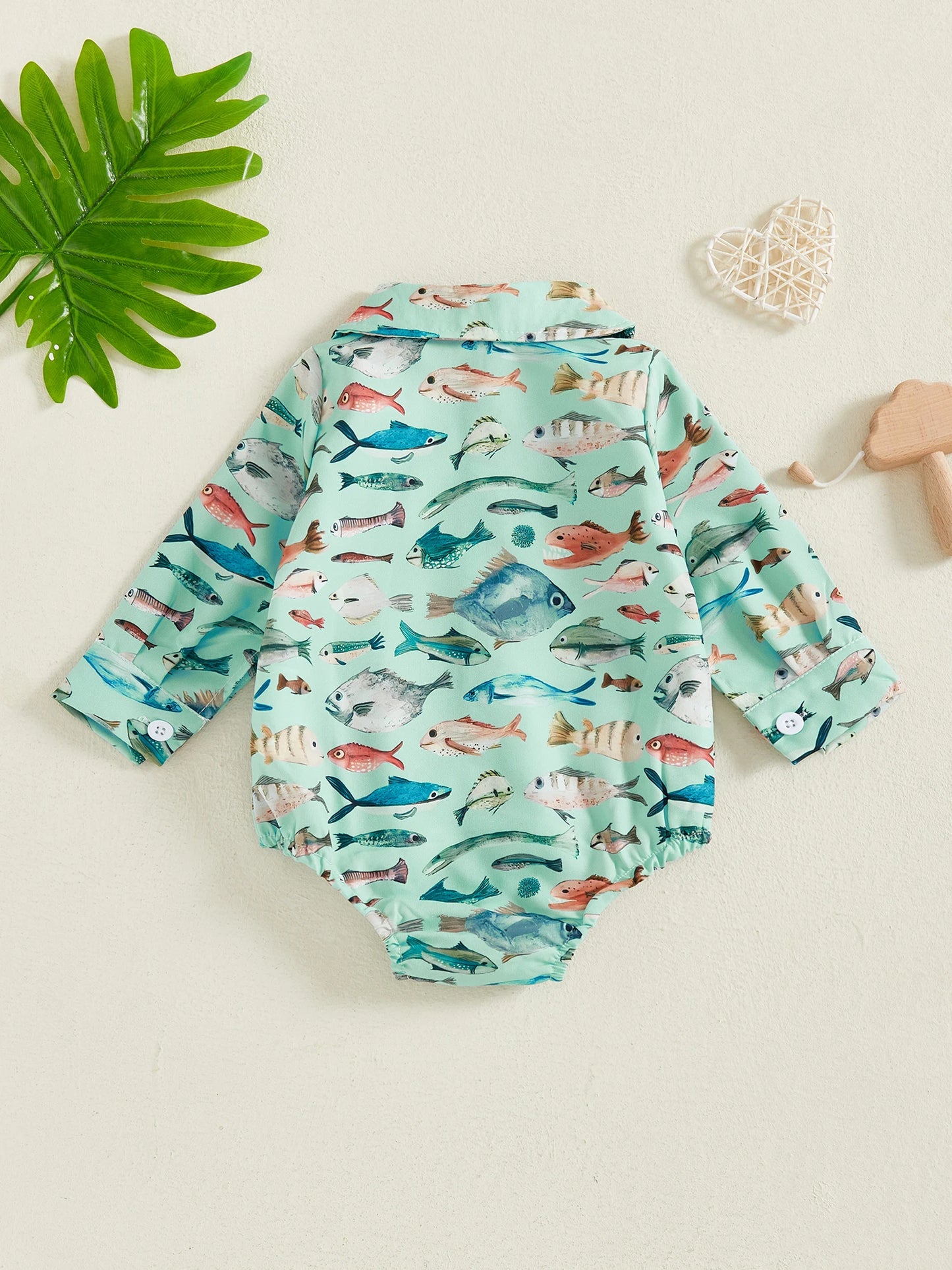 Baby Boys Girls Romper Long Sleeve Lapel Collar Fish Print Bodysuit Fall Playsuit