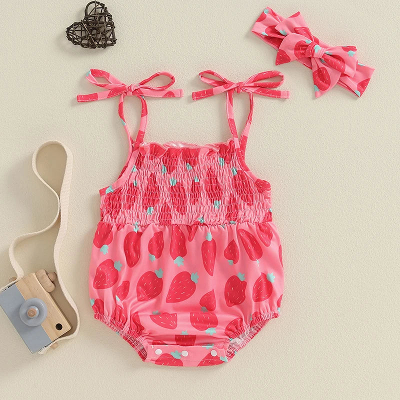 Baby Girls 2Pcs Sleeveless Romper Strawberry/Baseball Print Tie Spaghetti Straps Tank Summer Jumpsuit and Headband Set