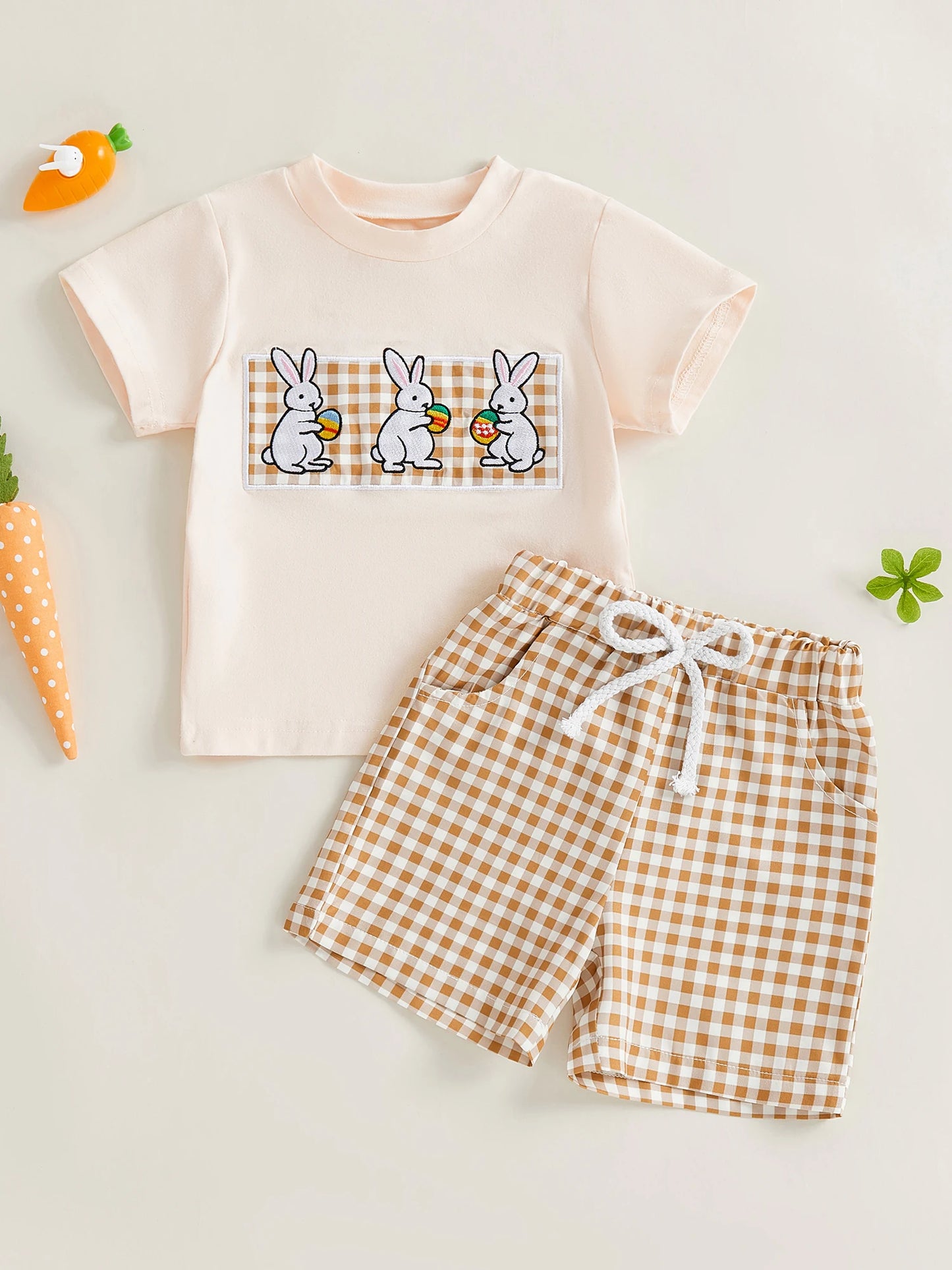 Baby Toddler Boys 2Pcs Easter Outfit Short Sleeve Round Neck Rabbit Embroidery Top and Plaid Shorts Set