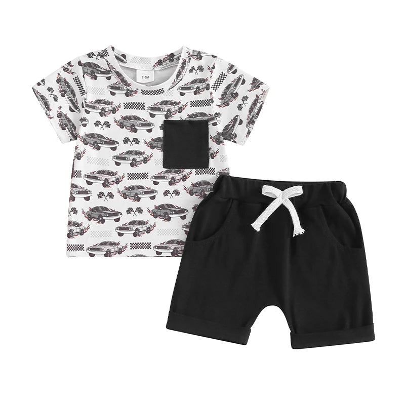 Baby Toddler Boys 2Pcs Summer Shorts Sets Short Sleeve Racer Car Print Top and Drawstring Shorts Set Outfit