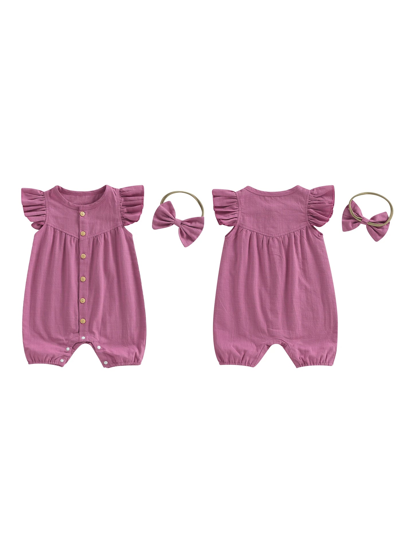 Baby Girl 2Pcs Summer Outfit Solid Flying Sleeve Romper with Bow Headband 2 Piece Set