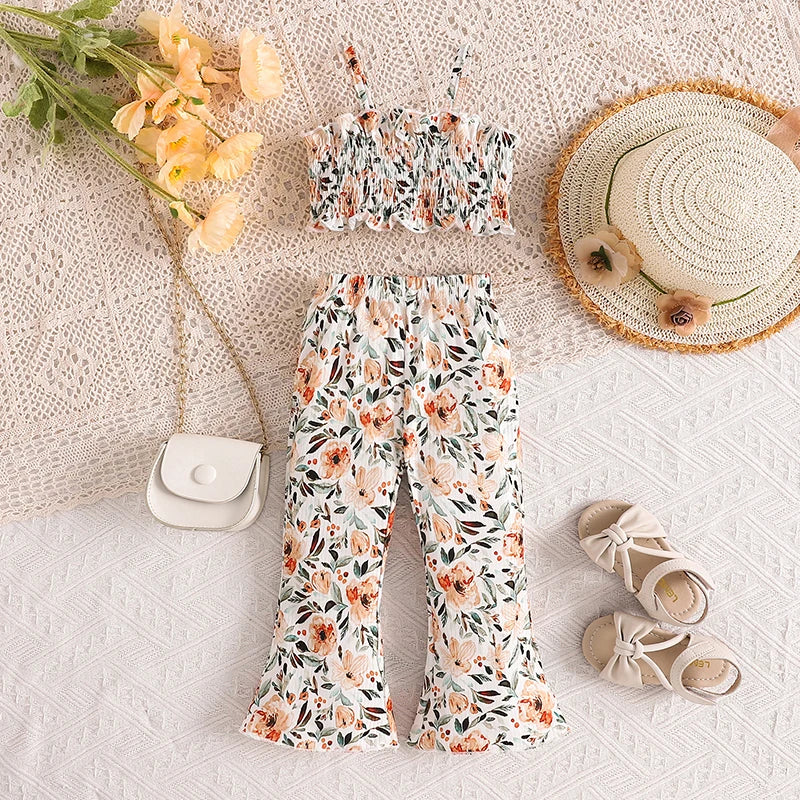 Baby Toddler Kids Girls 2Pcs Summer Sleeveless Tank Top Ruched Floral Flower Print Camisole Flared Matching Long Pants Set Outfit