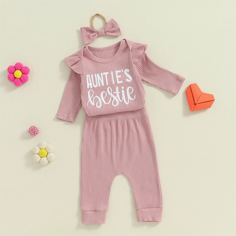 Baby Girls 3Pcs Auntie's Bestie Ribbed Letter Print Long Sleeve Round Neck Ruffled Romper Pants Hair Band Outfit Set