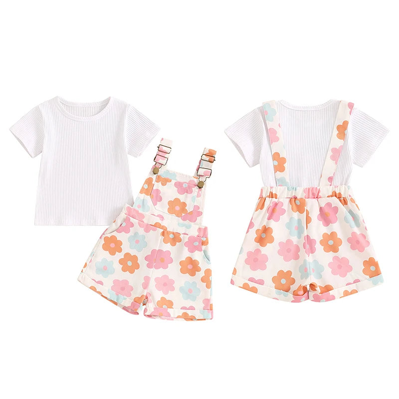 Toddler Kids Girls 2Pcs Summer Outfit Solid Color Ribbed Short Sleeve Top and Flower Strawberry Print Suspender Shorts Overalls Set