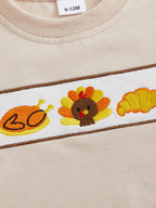 Baby Toddler Boys Girls 2Pcs Thanksgiving Outfit Pumpkin Turkey Pie Long Sleeve Crewneck Top Plaid Elastic Waist Pants Set
