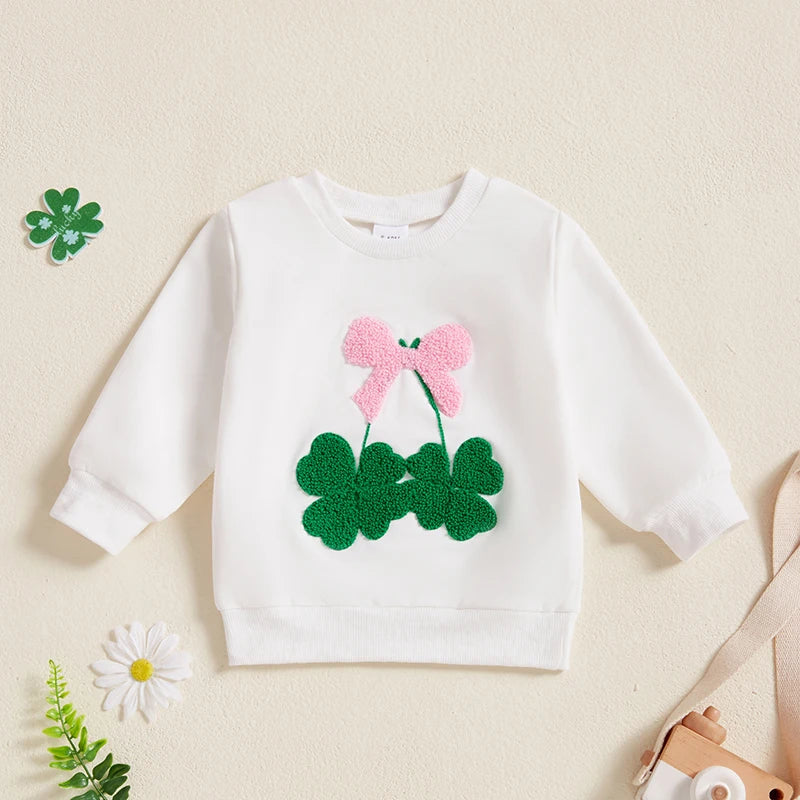 Baby Toddler Girls St. Patrick's Day Irish Bow Four Leaf Clover Embroidery Long Sleeve Pullover Top Casual Spring Clothes