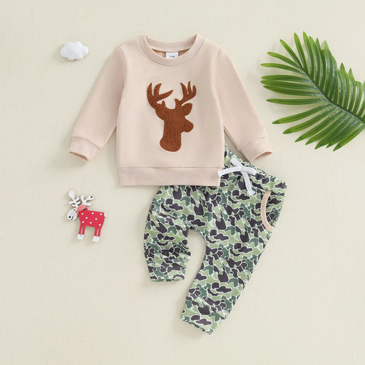 Baby Toddler Boys 2Pcs Fall Outfit Deer Print Long Sleeve Crewneck Top and Elastic Camouflage Pants Clothes Jogger Set
