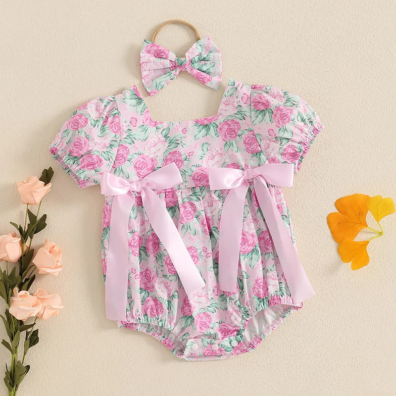 Baby Girls 2Pcs Romper Floral Print Short Sleeve Bodysuit Jumpsuit with Bow Headband Set