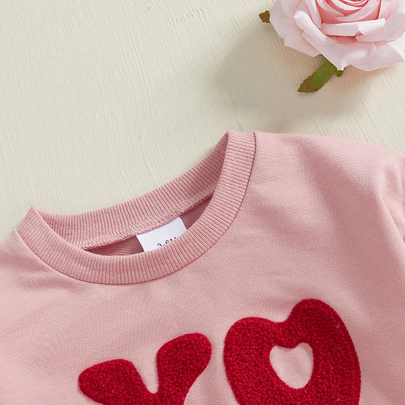 Baby Girls XOXO Bubble Romper Valentine's Day Heart Letters Embroidered Long Sleeve Bodysuit Valentines Jumpsuit