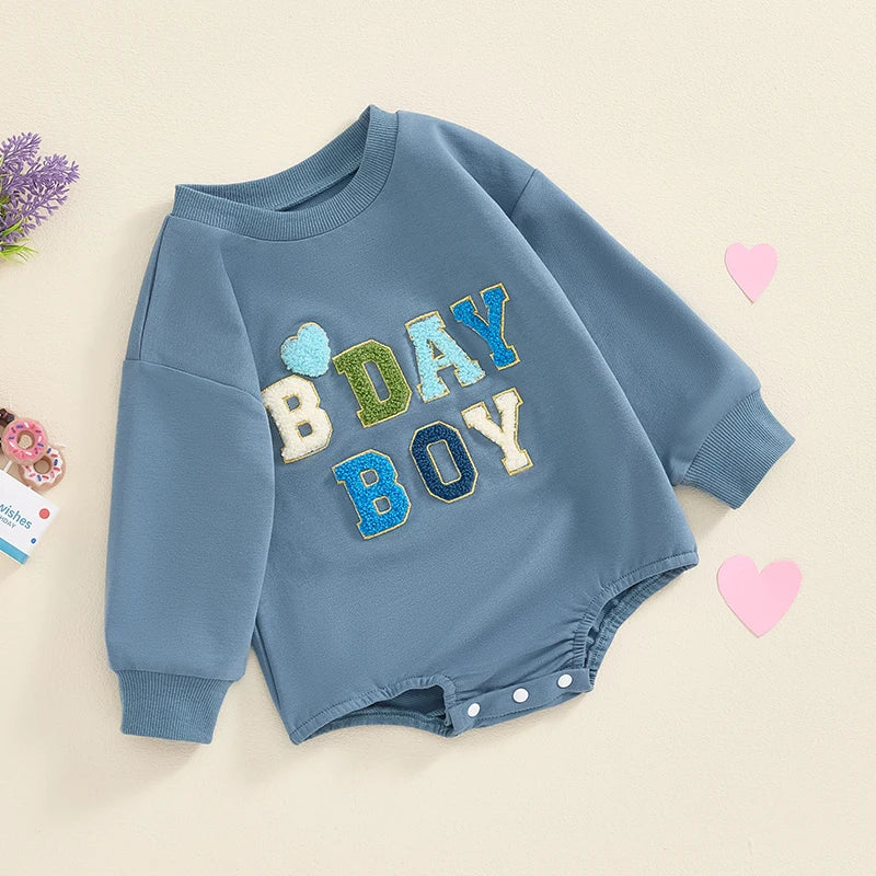 Baby Girl Boy BDAY GIRL / BOY Birthday Romper First Birthday Long Sleeve Round Neck Letter Embroidery Bodysuit Playsuit