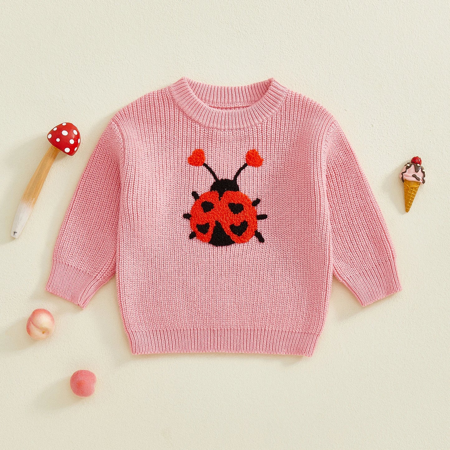 Baby Toddler Girls Autumn Knit Sweater Long Sleeve O Neck Ladybug Embroidery Pullover Knitwear Top