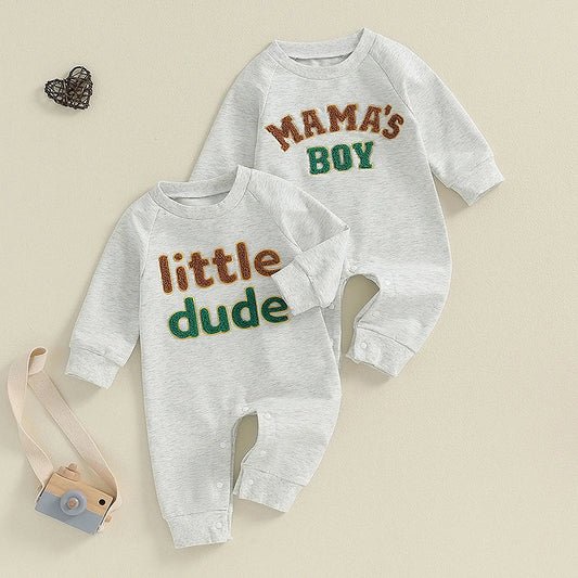 Baby Boys Mama's Boy / Little Dude Fall Romper Letter Embroidery Long Sleeve Crew Neck Full Length Jumpsuit