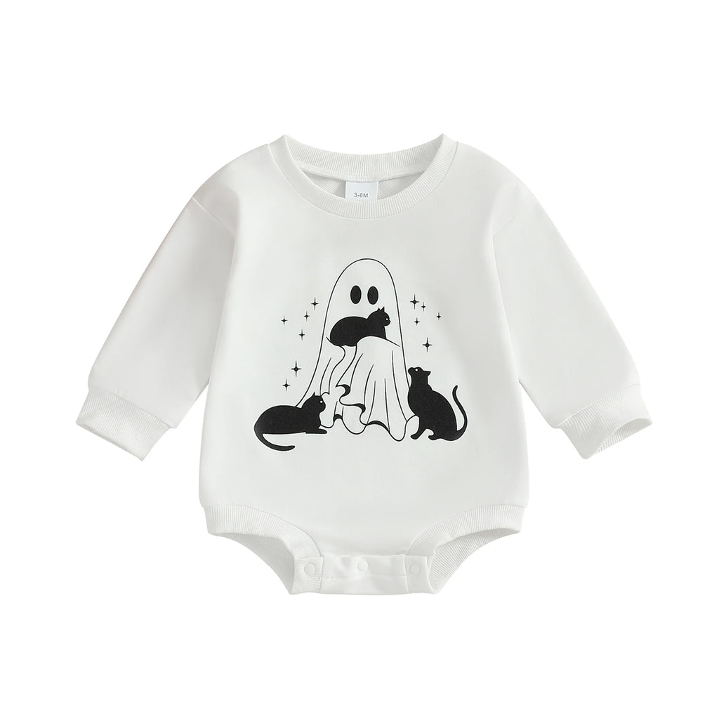 Baby Boys Girls Halloween Bubble Romper Long Sleeve Round Neck Black Cat Ghost Print Romper Fall Playsuit
