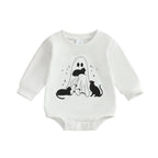 Baby Boys Girls Halloween Bubble Romper Long Sleeve Round Neck Black Cat Ghost Print Romper Fall Playsuit