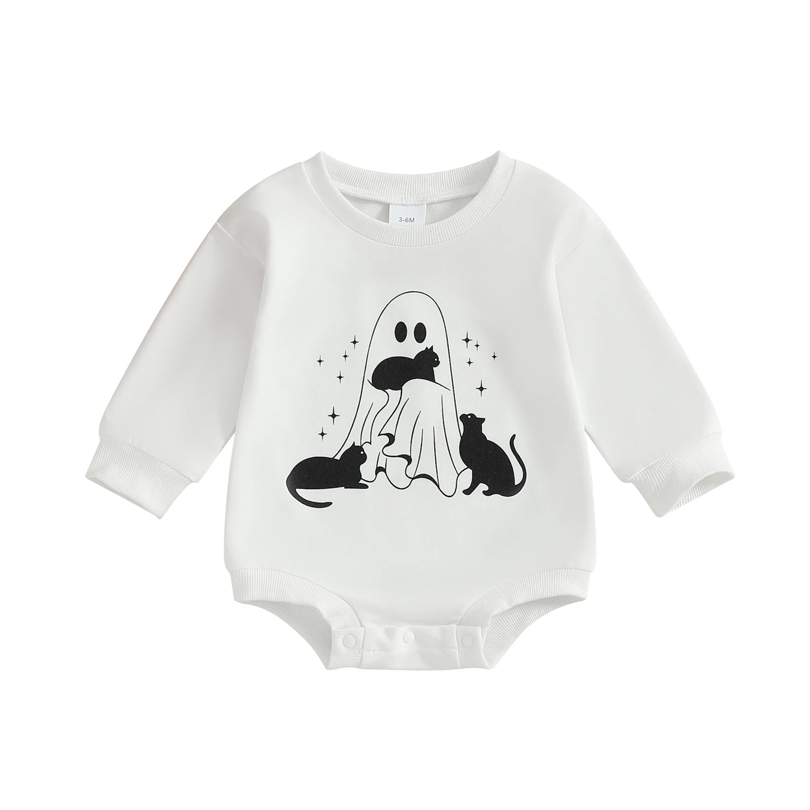 Baby Boys Girls Halloween Bubble Romper Long Sleeve Round Neck Black Cat Ghost Print Romper Fall Playsuit
