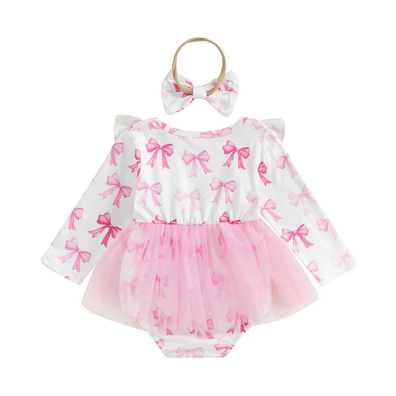 Baby Girls 2Pcs Romper Dress Bow Print Ruffled Trim Long Sleeve Tutu Jumpsuit Headband Outfit Set