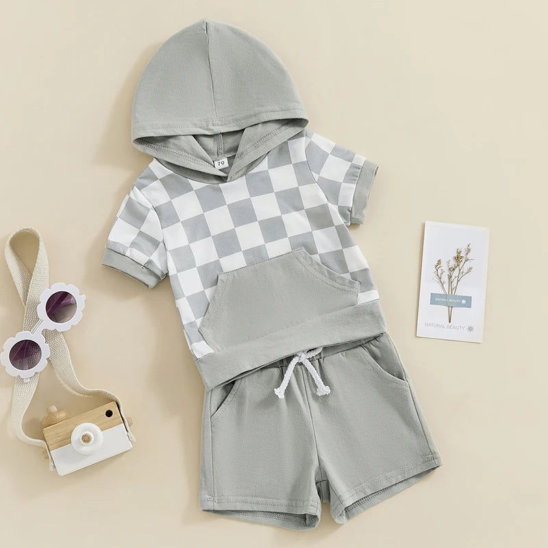 Baby Toddler Boys Girls 2Pcs Short Sleeve Checkerboard Hooded Top with Pocket and Drawstring Shorts Set Outfit