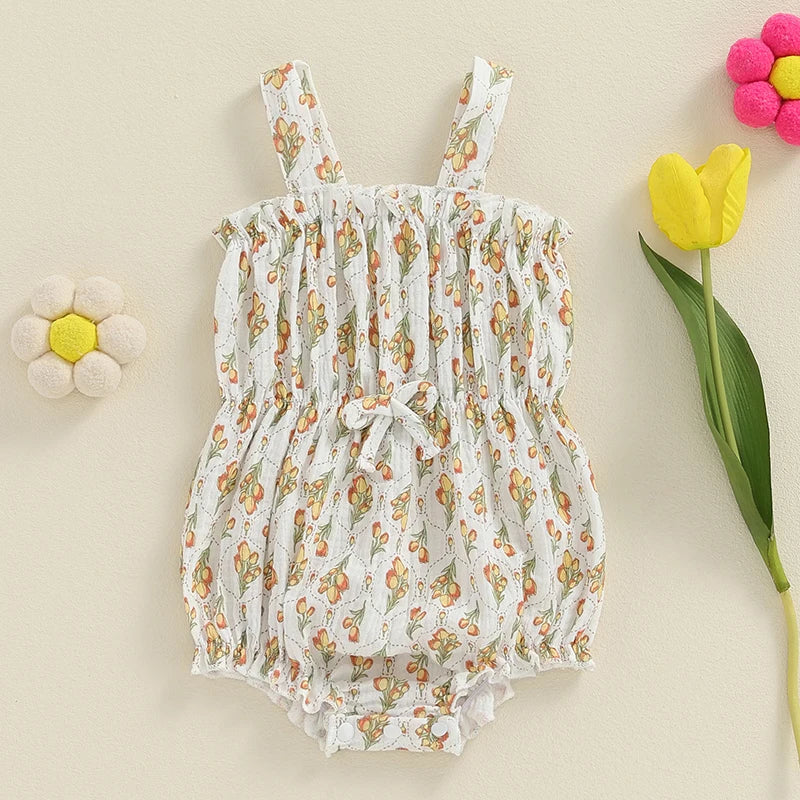 Baby Girl Summer Romper Cute Flower Carrot Cherries Print Sleeveless Tank Top Bow Front Bodysuit