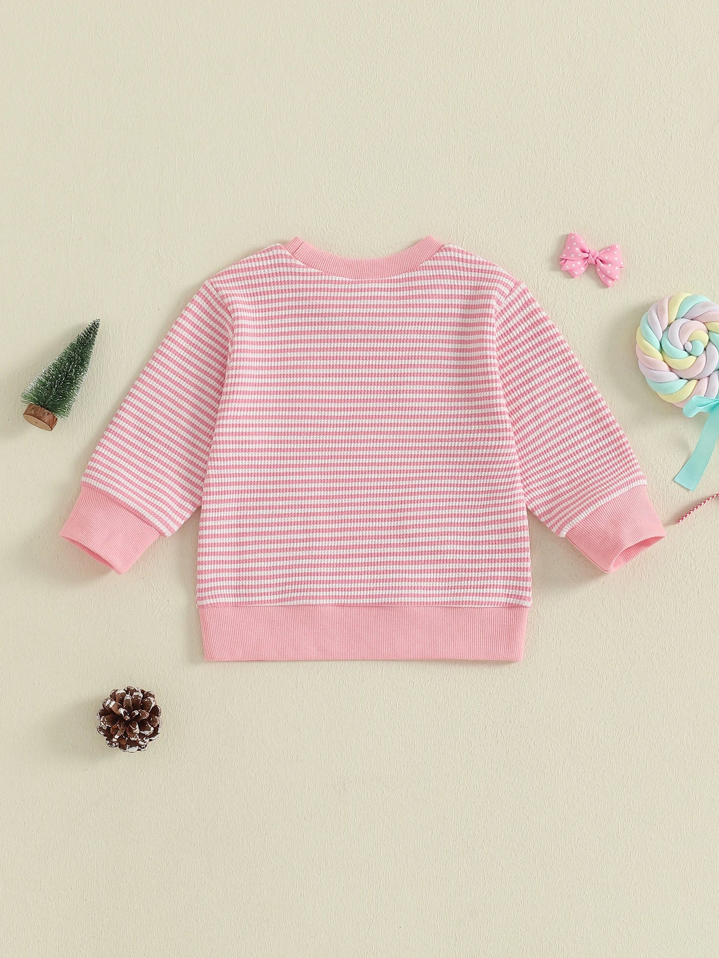 Baby Toddler Girl Christmas Top Christmas Tree Embroidered Striped Crew Neck Long Sleeve Pullover
