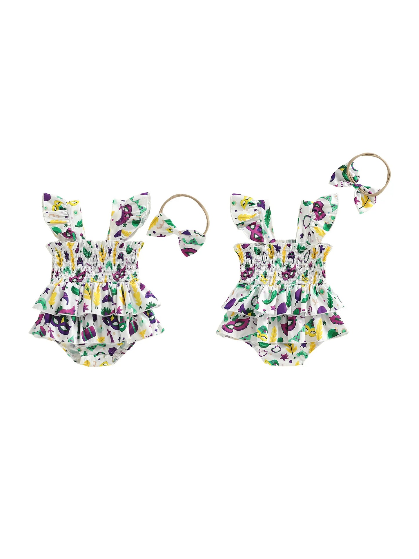Baby Girl 2Pcs MardiGras Outfit Flying Sleeve Square Neck Mask Print Romper Dress with Bow Headband Set